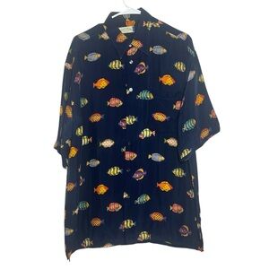 Riscatto Portofino Shirt Mens Large Blue Fish Print Made Italy 100% Cupro Casual
